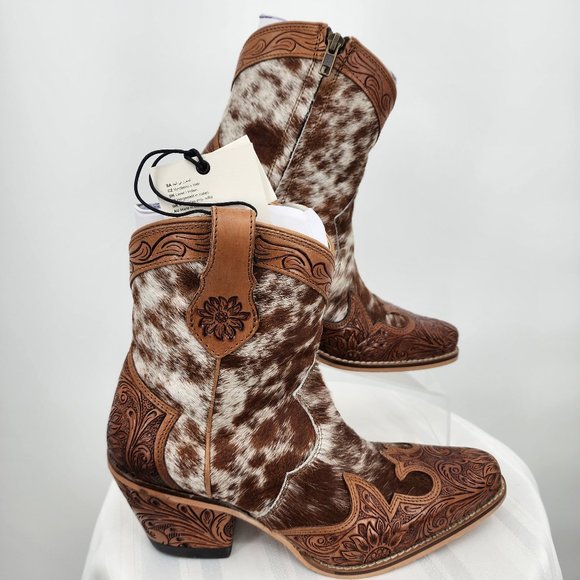MYRA BAG Georgia Trails Brown & White Hair-On Hide Short Cowboy Boots 6-11 New - Picture 2 of 14